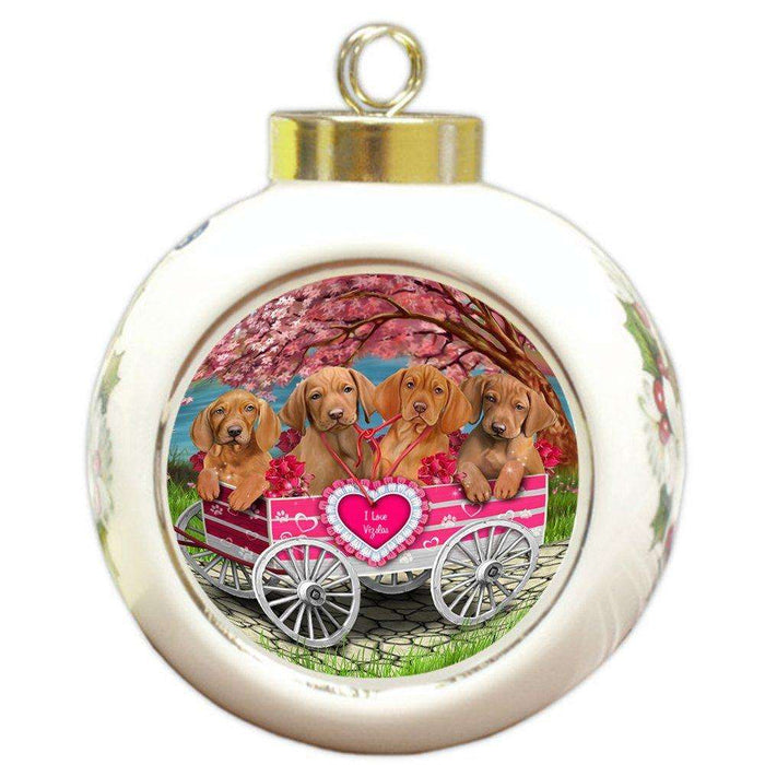 I Love Vizslas Dog in a Cart Round Ball Christmas Ornament RBPOR48583