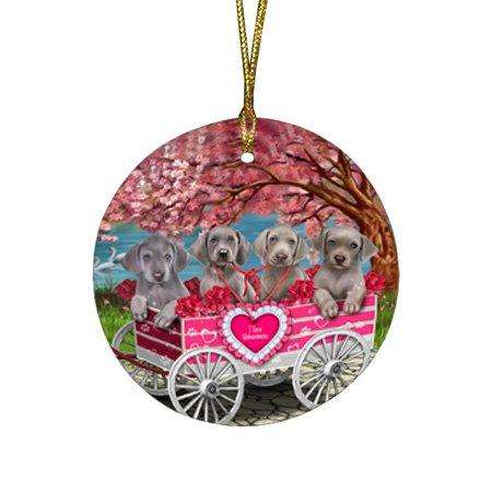 I Love Weimaraners Dog in a Cart Round Christmas Ornament RFPOR48136