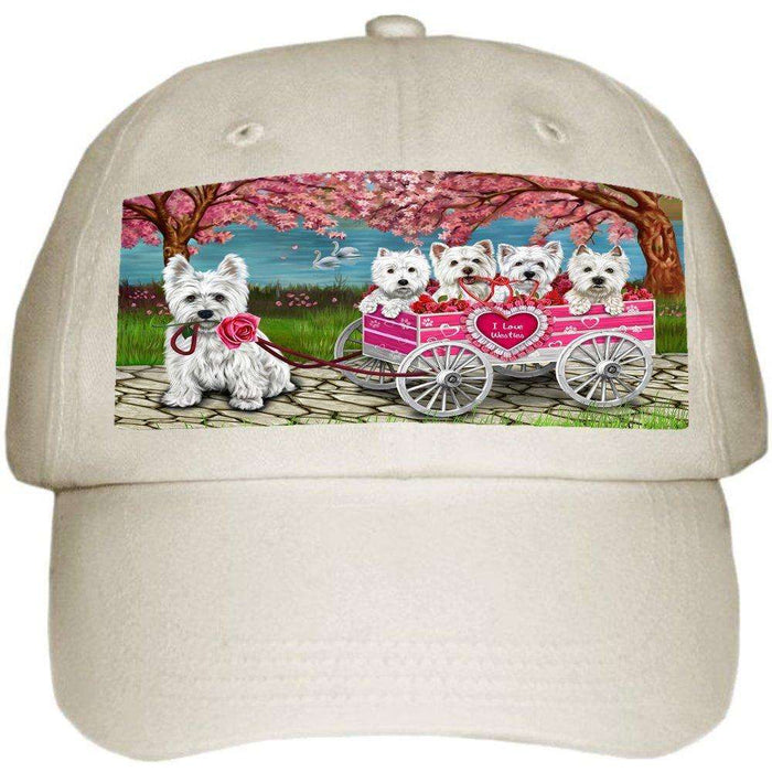 I Love Westies Dogs in a Cart Ball Hat Cap Off White