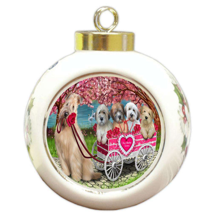 I Love Wheaten Terriers Dog in a Cart Round Ball Christmas Ornament RBPOR51709