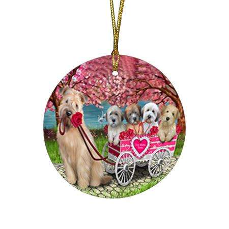 I Love Wheaten Terriers Dog in a Cart Round Flat Christmas Ornament RFPOR51700
