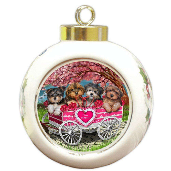 I Love Yorkipoos Dog in a Cart Round Ball Christmas Ornament RBPOR48146