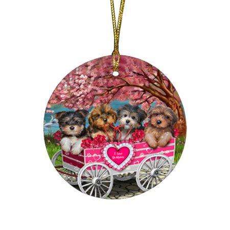 I Love Yorkipoos Dog in a Cart Round Christmas Ornament RFPOR48137