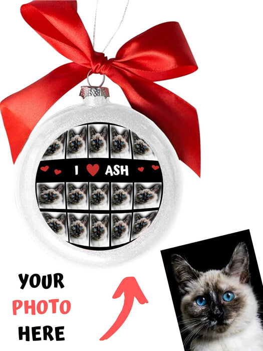 Custom Add Your Photo Here PET Dog Cat Photos on White Round Ball Christmas Ornament