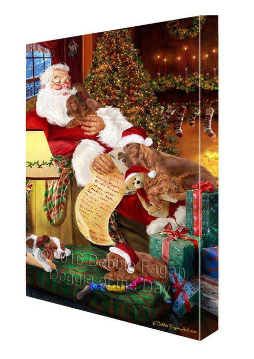 Irish Setter Dog and Puppies Sleeping with Santa Painting Printed on Canvas Wall Art