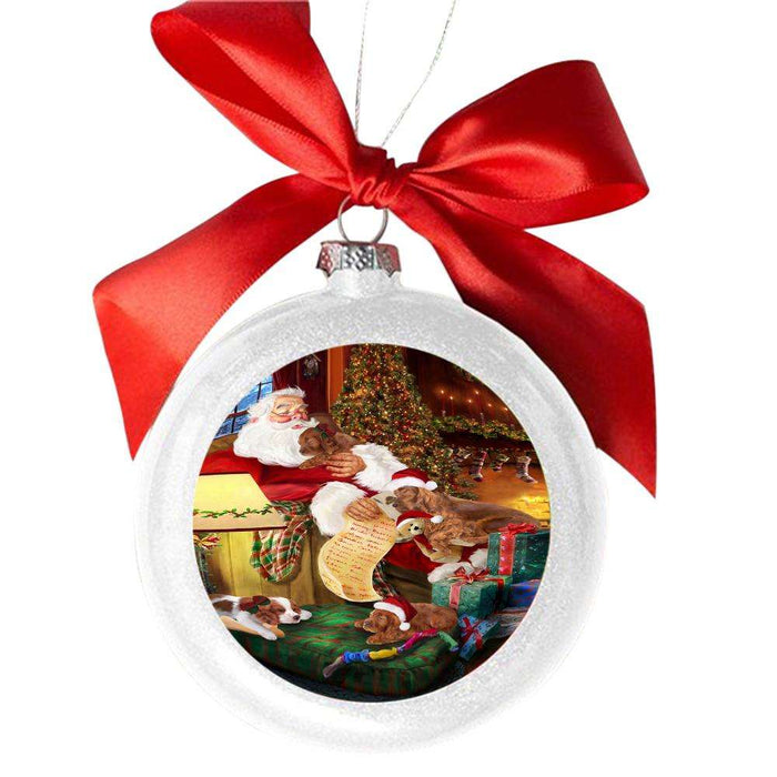 Irish Setters Dog and Puppies Sleeping with Santa White Round Ball Christmas Ornament WBSOR49288