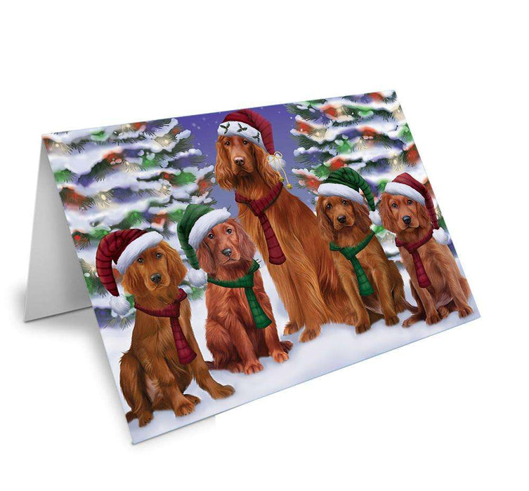 Irish Setters Dog Christmas Family Portrait in Holiday Scenic Background Handmade Artwork Assorted Pets Greeting Cards and Note Cards with Envelopes for All Occasions and Holiday Seasons GCD62174