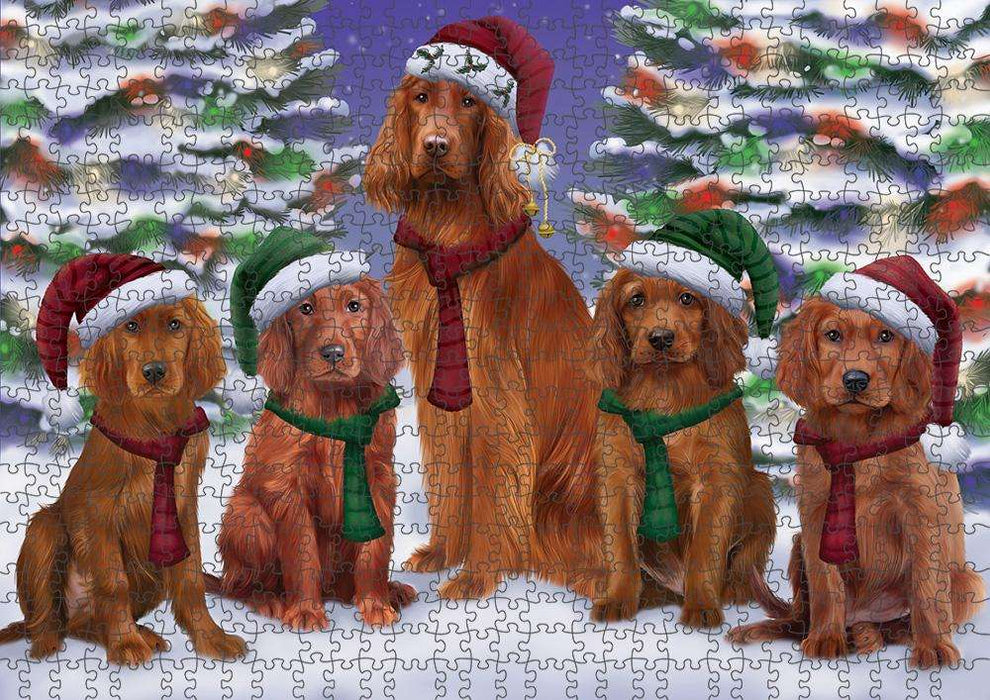 Irish Setters Dog Christmas Family Portrait in Holiday Scenic Background Puzzle with Photo Tin PUZL62076