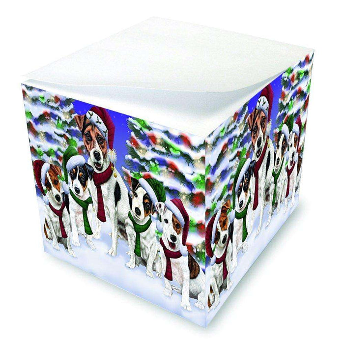 Jack Russel Dog Christmas Family Portrait in Holiday Scenic Background Note Cube D164