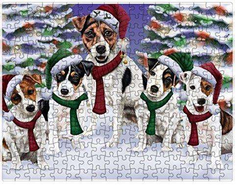 Jack Russel Dog Christmas Family Portrait in Holiday Scenic Background Puzzle with Photo Tin