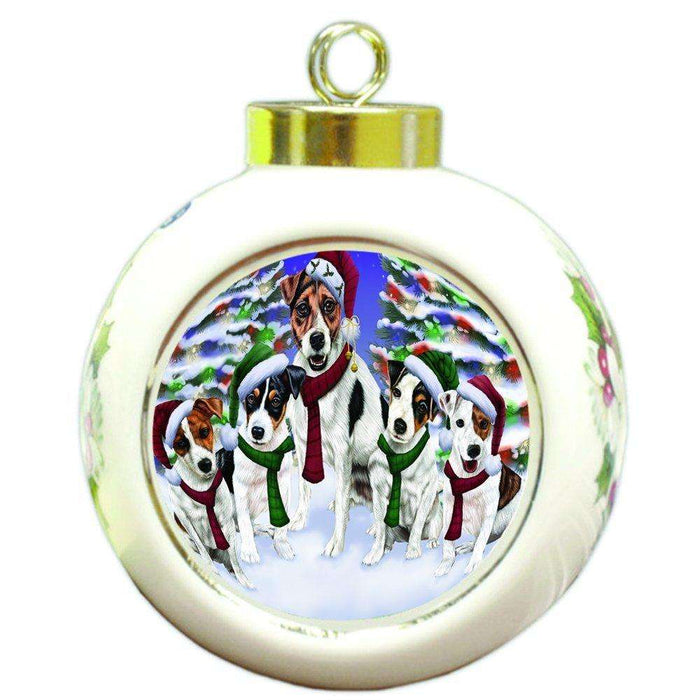 Jack Russel Dog Christmas Family Portrait in Holiday Scenic Background Round Ball Ornament D144