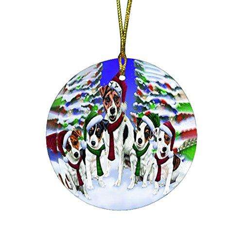 Jack Russel Dog Christmas Family Portrait in Holiday Scenic Background Round Ornament D144