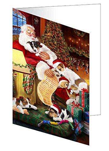 Jack Russell Dog and Puppies Sleeping with Santa Handmade Artwork Assorted Pets Greeting Cards and Note Cards with Envelopes for All Occasions and Holiday Seasons