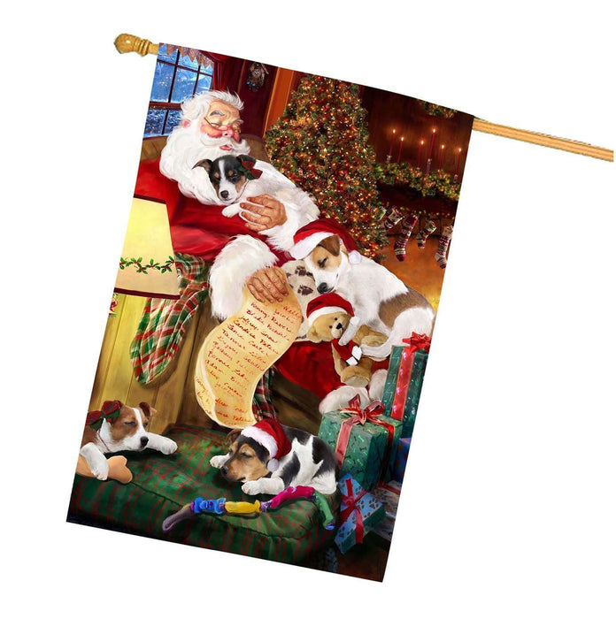 Jack Russell Dog and Puppies Sleeping with Santa House Flag