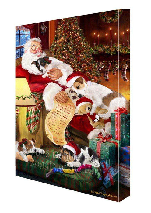 Jack Russell Dog and Puppies Sleeping with Santa Painting Printed on Canvas Wall Art