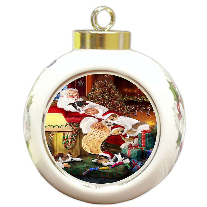 Jack Russell Dog and Puppies Sleeping with Santa Round Ball Christmas Ornament