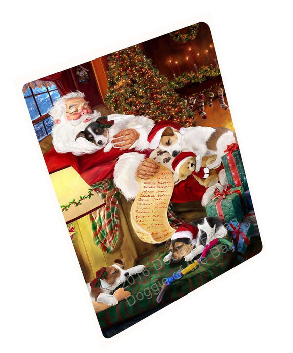 Jack Russell Dog and Puppies Sleeping with Santa Tempered Cutting Board