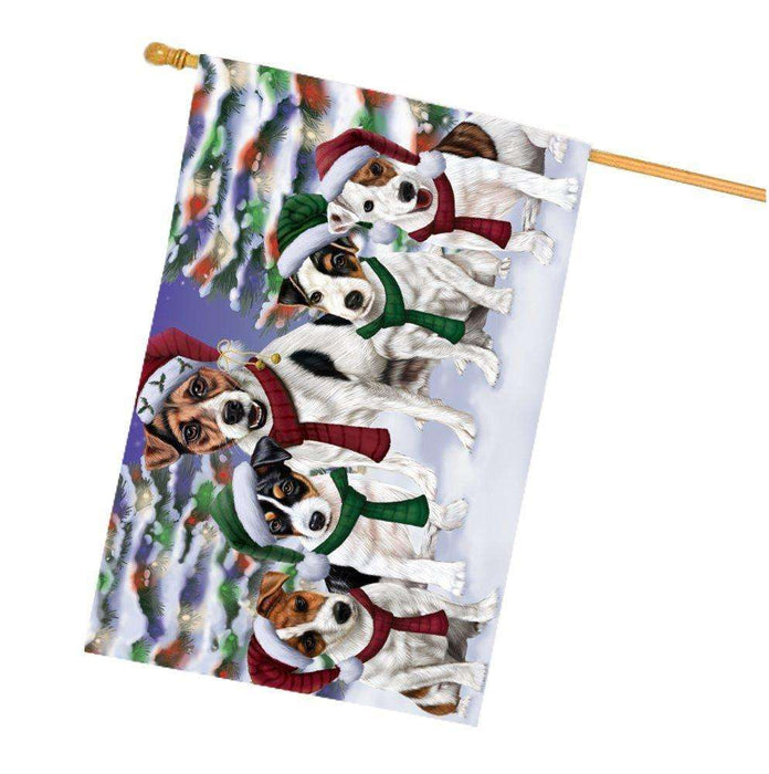 Jack Russell Dog Christmas Family Portrait in Holiday Scenic Background House Flag