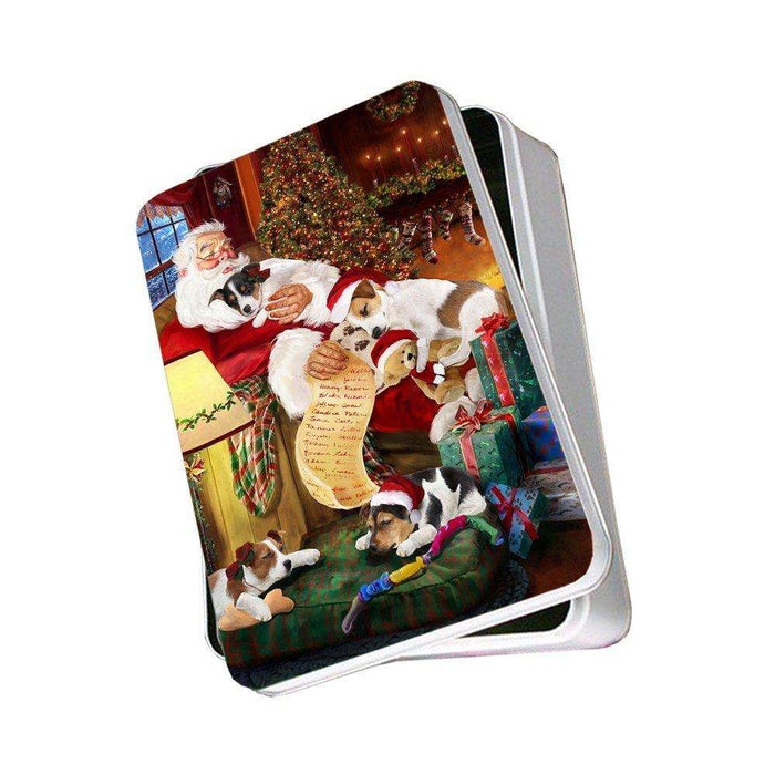 Jack Russell Dog with Puppies Sleeping with Santa Photo Tin