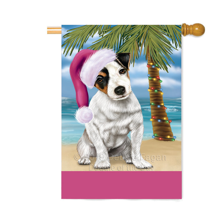 Personalized Summertime Happy Holidays Christmas Jack Russell Dog on Tropical Island Beach Custom House Flag FLG-DOTD-A60546