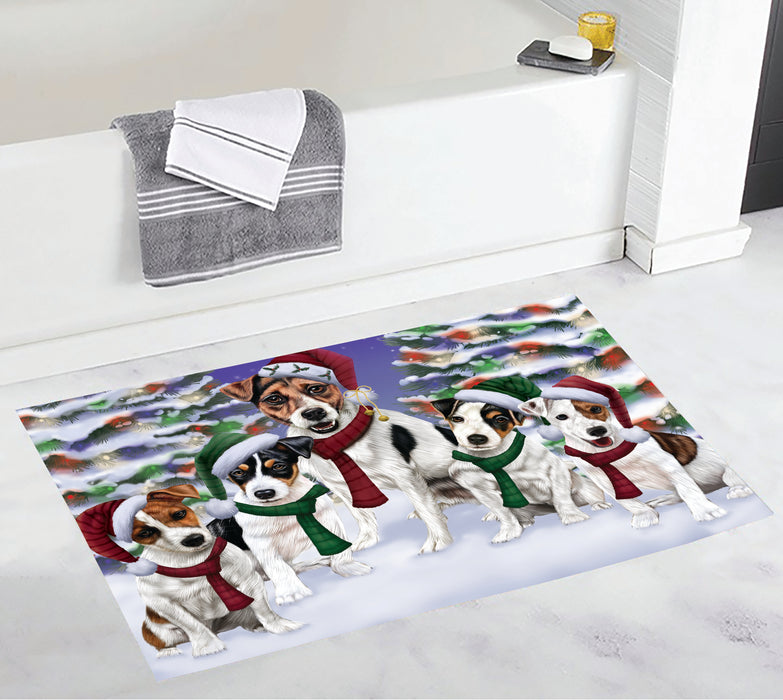 Jack Russell Dogs Christmas Family Portrait in Holiday Scenic Background Bath Mat