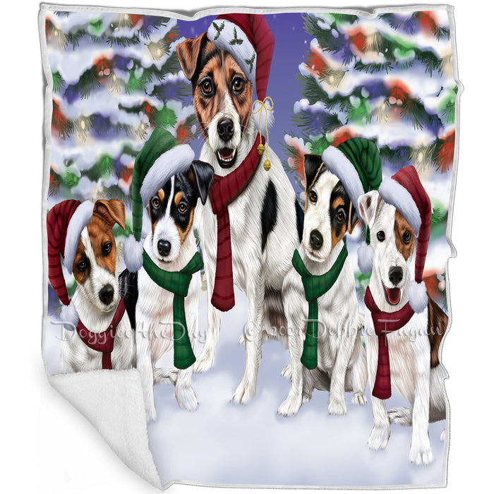 Jack Russell Dog Christmas Family Portrait in Holiday Scenic Background Art Portrait Print Woven Throw Sherpa Plush Fleece Blanket