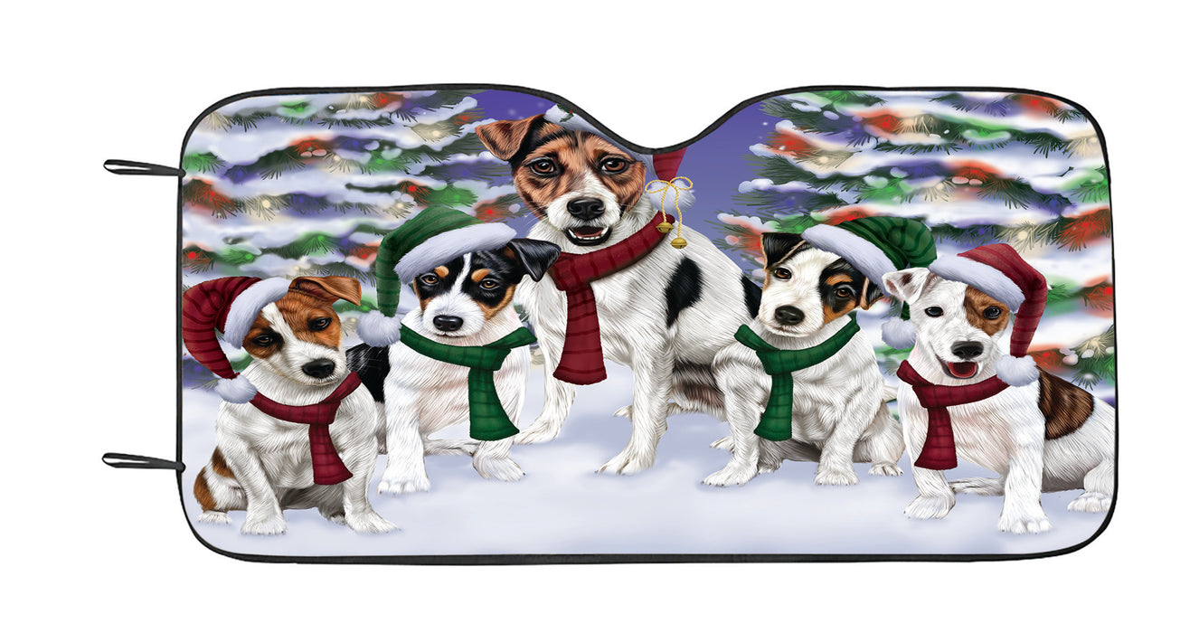 Jack Russell Dogs Christmas Family Portrait in Holiday Scenic Background Car Sun Shade
