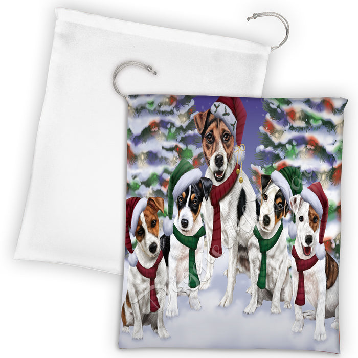 Jack Russell Dogs Christmas Family Portrait in Holiday Scenic Background Drawstring Laundry or Gift Bag LGB48152