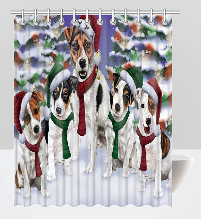 Jack Russell Dogs Christmas Family Portrait in Holiday Scenic Background Shower Curtain