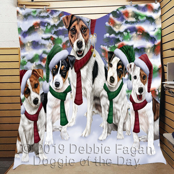 Jack Russell Dogs Christmas Family Portrait in Holiday Scenic Background Quilt