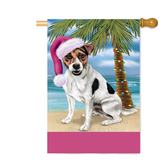 Personalized Summertime Happy Holidays Christmas Jack Russell Dog on Tropical Island Beach Custom House Flag FLG-DOTD-A60545