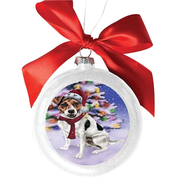 Winterland Wonderland Jack Russel Dog In Christmas Holiday Scenic Background White Round Ball Christmas Ornament WBSOR49592
