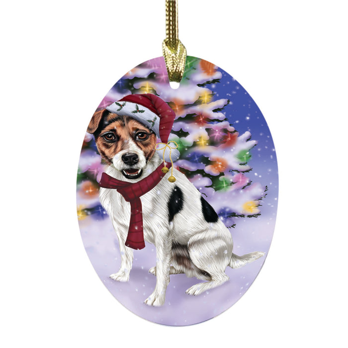 Winterland Wonderland Jack Russel Dog In Christmas Holiday Scenic Background Oval Glass Christmas Ornament OGOR49592