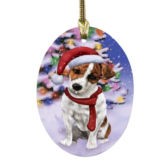 Winterland Wonderland Jack Russel Dog In Christmas Holiday Scenic Background Oval Glass Christmas Ornament OGOR49593