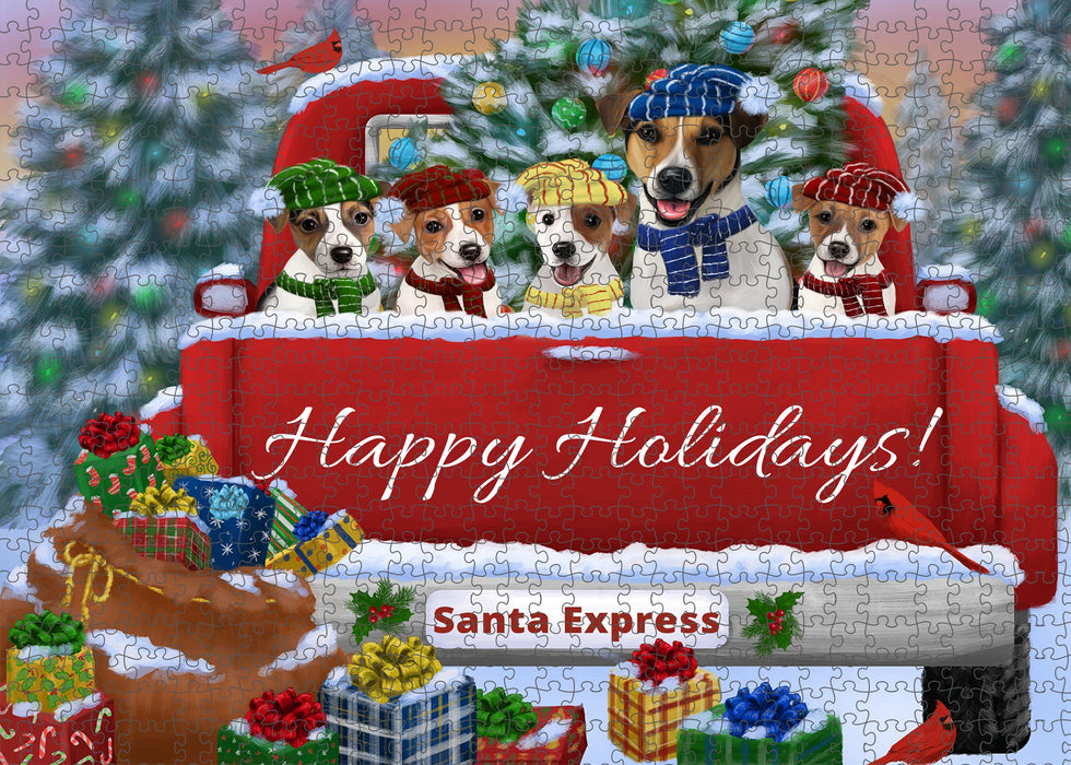 Christmas Red Truck Travlin Home for the Holidays Jack Russell Dogs Portrait Jigsaw Puzzle for Adults Animal Interlocking Puzzle Game Unique Gift for Dog Lover's with Metal Tin Box