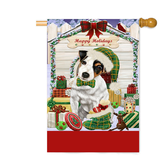 Personalized Happy Holidays Christmas Jack Russell Dog House with Presents Custom House Flag FLG-DOTD-A59385