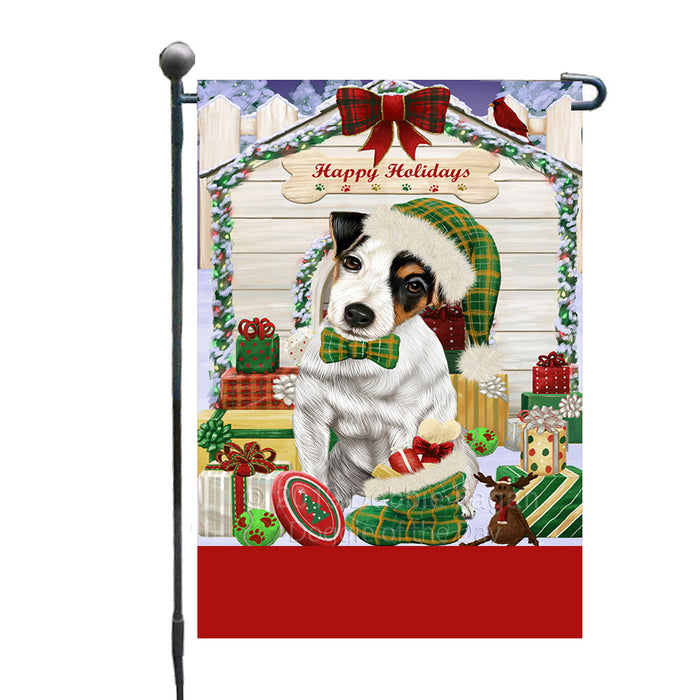 Personalized Happy Holidays Christmas Jack Russell Dog House with Presents Custom Garden Flags GFLG-DOTD-A59329