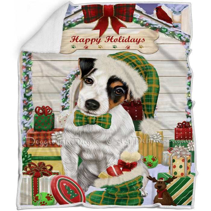 Happy Holidays Christmas Jack Russell Terrier Dog House with Presents Blanket BLNKT79104