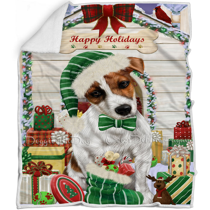 Happy Holidays Christmas Jack Russell Terrier Dog House with Presents Blanket BLNKT79113