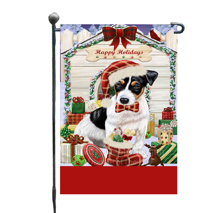 Personalized Happy Holidays Christmas Jack Russell Dog House with Presents Custom Garden Flags GFLG-DOTD-A59330