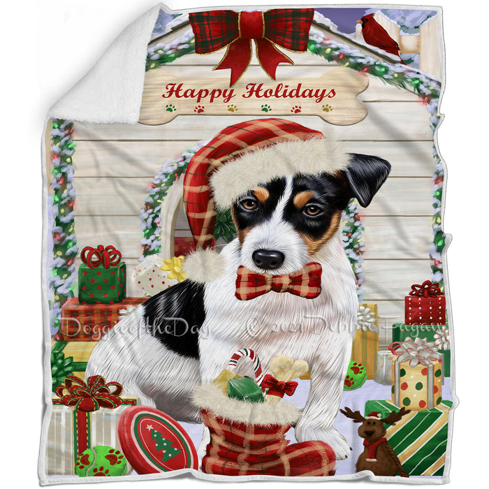 Happy Holidays Christmas Jack Russell Terrier Dog House with Presents Blanket BLNKT79122