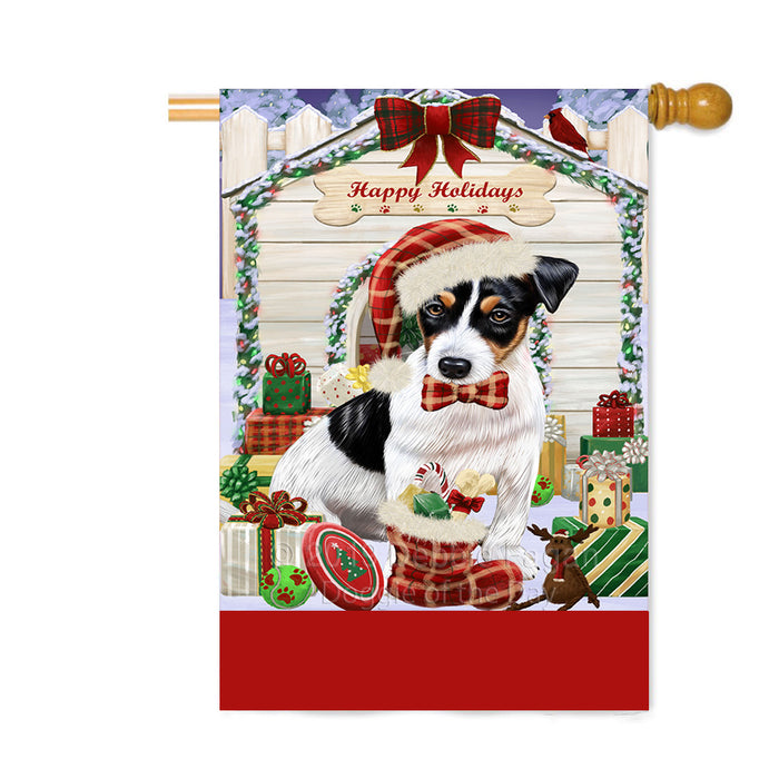 Personalized Happy Holidays Christmas Jack Russell Dog House with Presents Custom House Flag FLG-DOTD-A59386