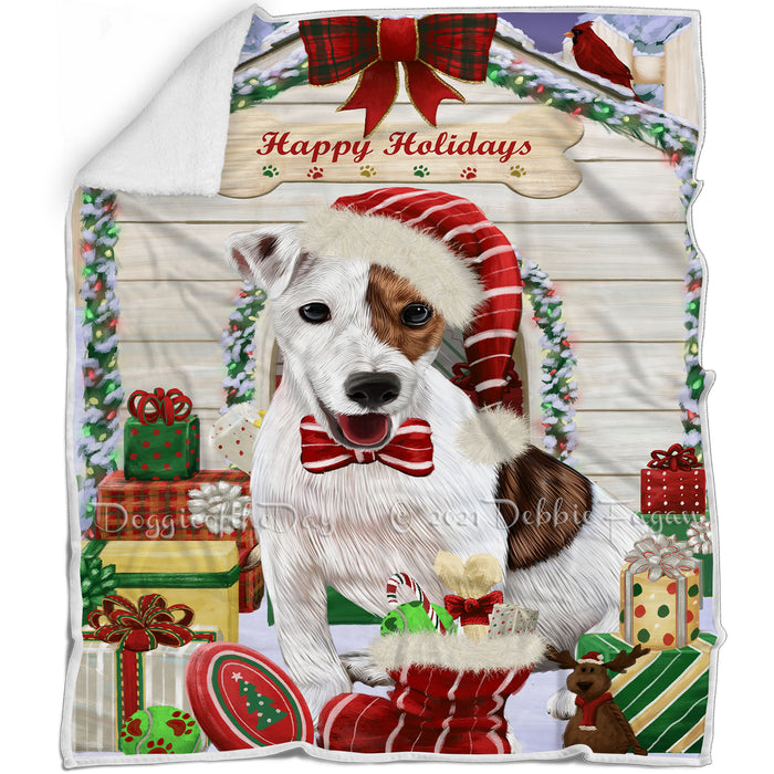 Happy Holidays Christmas Jack Russell Terrier Dog House with Presents Blanket BLNKT79131