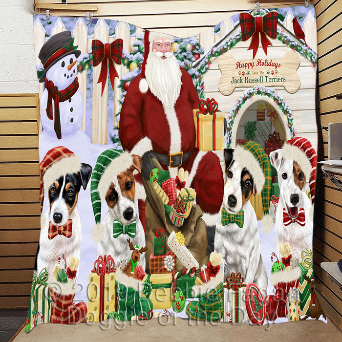 Happy Holidays Christmas Jack Russell Dogs House Gathering Quilt
