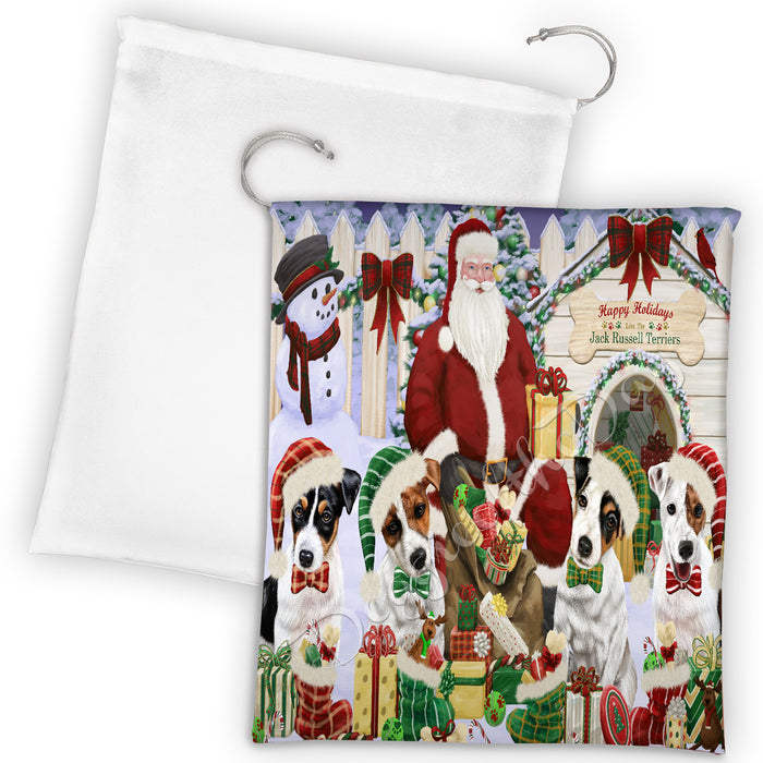Happy Holidays Christmas Jack Russell Dogs House Gathering Drawstring Laundry or Gift Bag LGB48055