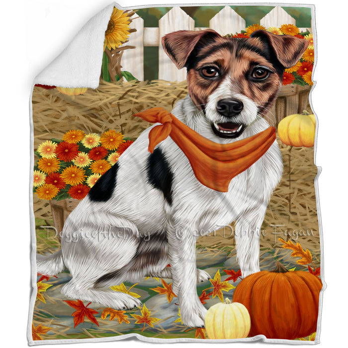 Fall Autumn Greeting Jack Russell Terrier Dog with Pumpkins Blanket BLNKT72975