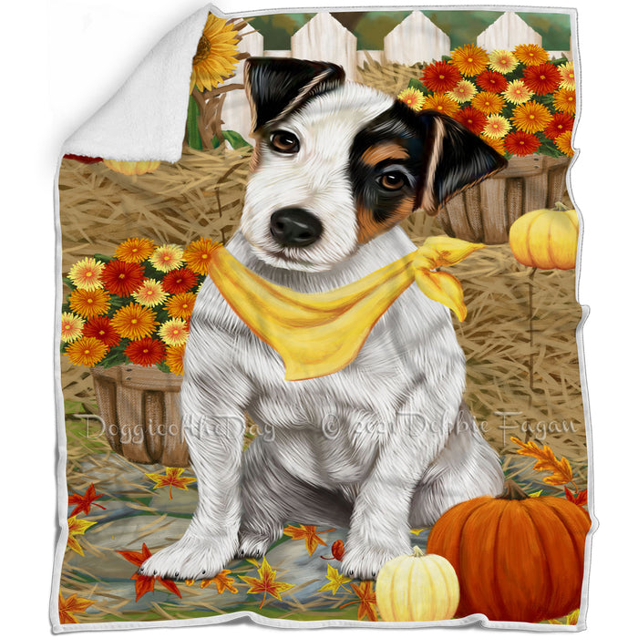 Fall Autumn Greeting Jack Russell Terrier Dog with Pumpkins Blanket BLNKT72993