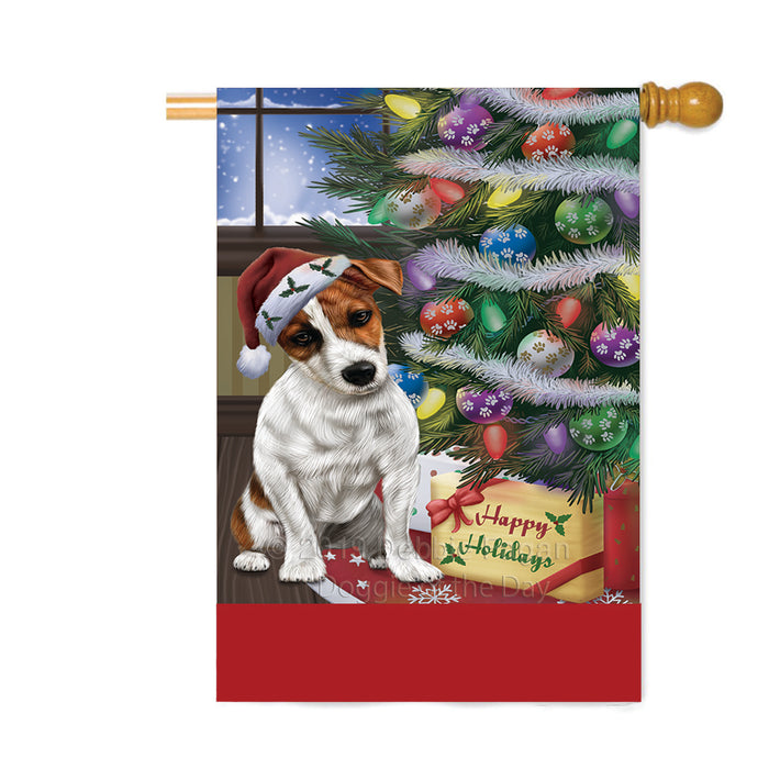 Personalized Christmas Happy Holidays Jack Russell Dog with Tree and Presents Custom House Flag FLG-DOTD-A58696