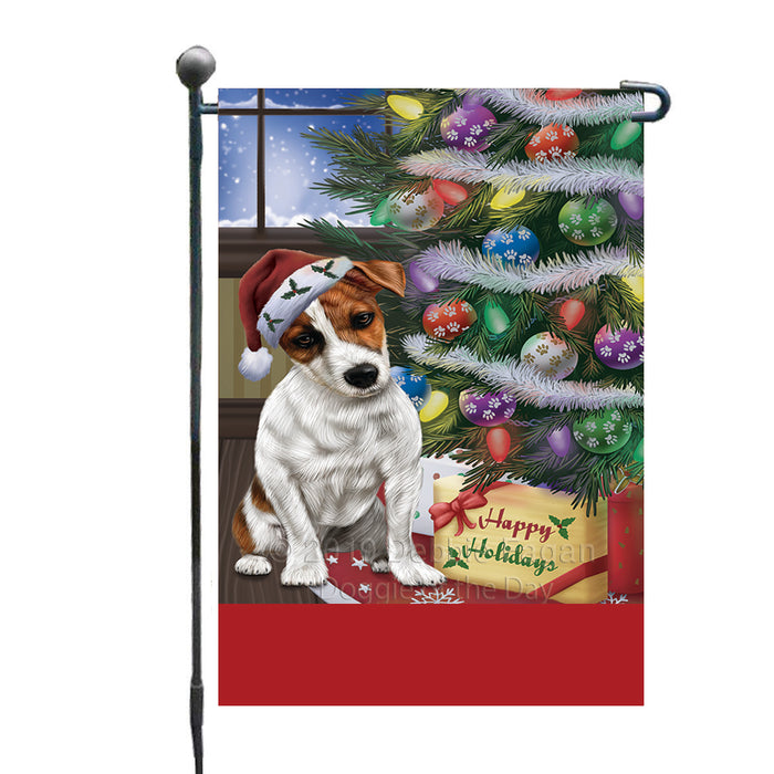 Personalized Christmas Happy Holidays Jack Russell Dog with Tree and Presents Custom Garden Flags GFLG-DOTD-A58640