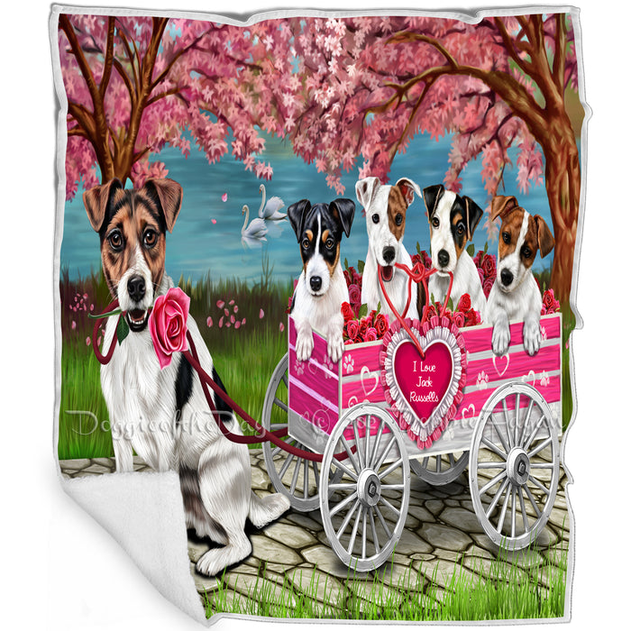 I Love Jack Russell Dogs in a Cart Art Portrait Print Woven Throw Sherpa Plush Fleece Blanket
